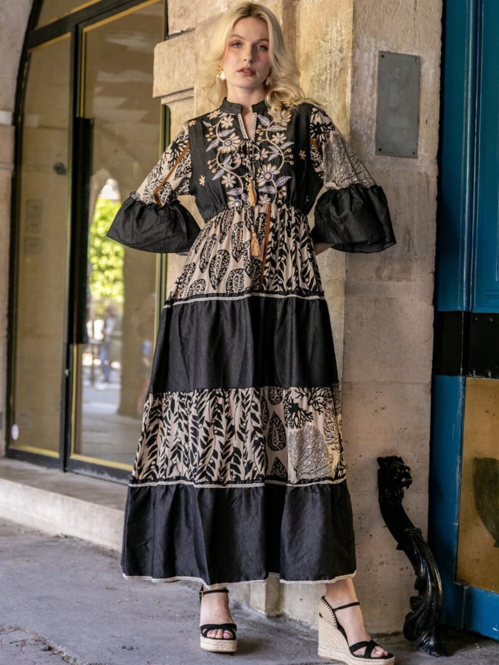 Stunning Black and Cream Bohemian Viscose Dress